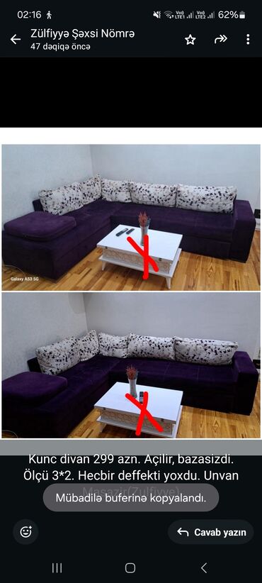 Divanlar: Künc divan, İşlənmiş, Açılan, Bazasız, Çatdırılma yoxdur