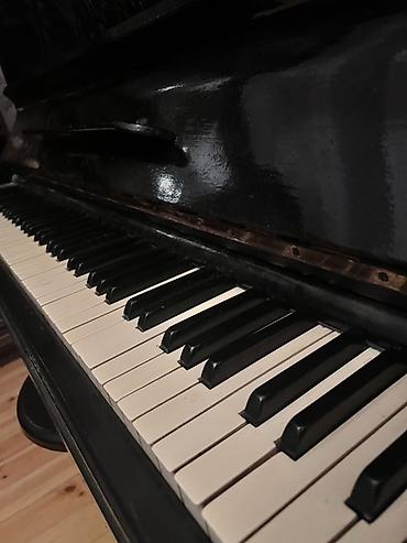 Pianolar: Upright pianino – klassik dizayn, qara rəngdə korpus. Ön paneldə — 3