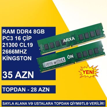 Ana platalar: Operativ yaddaş (RAM) Kingston, 8 GB, 2666 Mhz, DDR4, PC üçün, Yeni