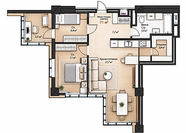 ars: 3 комнаты, 71 м², Элитка, 18 этаж, ПСО (под самоотделку) — 2
