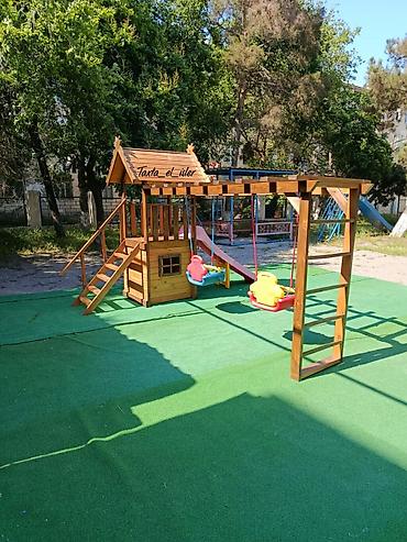 usaqlar ucun: Uşaq oyun kompleksi – taxta evcik və əyləncə modulları - Material — 2
