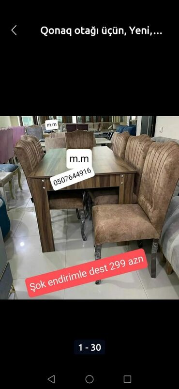 Masa və oturacaq dəstləri: Qonaq otağı üçün, Yeni, Açılmayan, Dördbucaq masa, 6 stul — 9