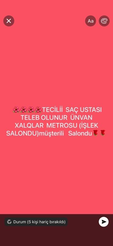 sulutepede is elanlari: Xidmət: Saç ustası üçün vakansiya Təsvir: - İş yeri: Xalqlar metrosu