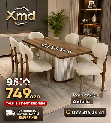 dekor sekilleri: Xmd brendinin yemək otağı dəsti - Komlekt: 1 masa + 6 stul - Masa — 1