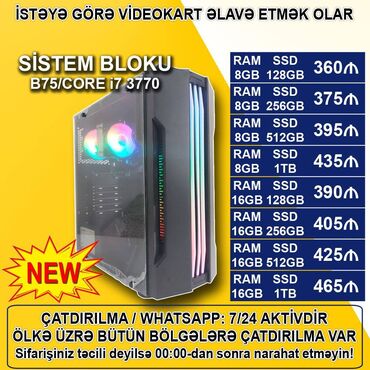 Sistem Bloku "RGB Case/B75 DDR3/Core i7 3770/8-16GB Ram/SSD" Ofis üçün