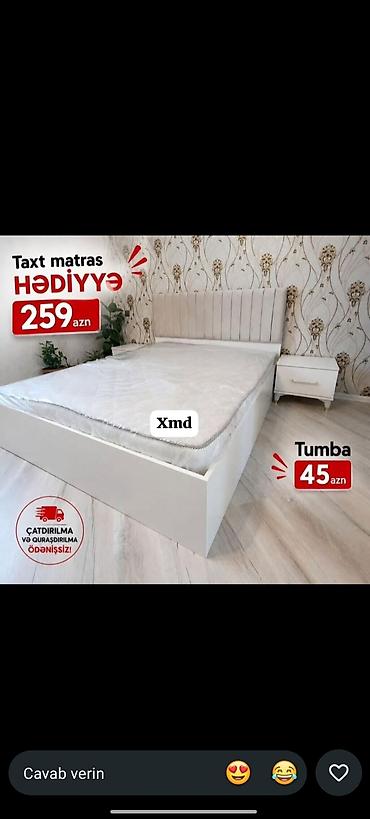 yatag taxt: Ağ rəngdə müasir yataq dəsti: - Taxt: zərif başlıqlı, minimal dizayn — 1