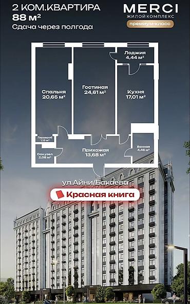 2 комнаты, 88 м², ул. Ахунбаева / Бакаева Элитка, 5 этаж, ПСО (под самоотделку)
