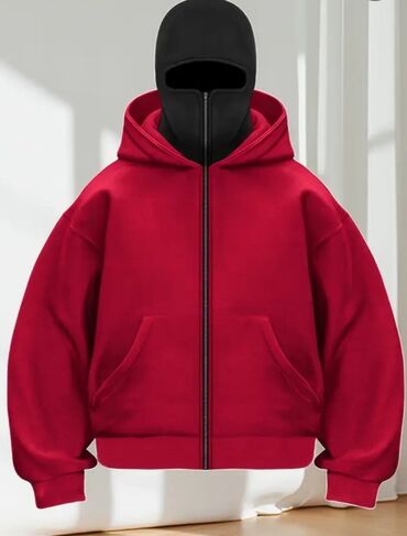 вязаные мужские свитера: Qırmızı kapüşonlu zipli sweatshirt - Rəng: Dərin qırmızı - Dizayn: Ön