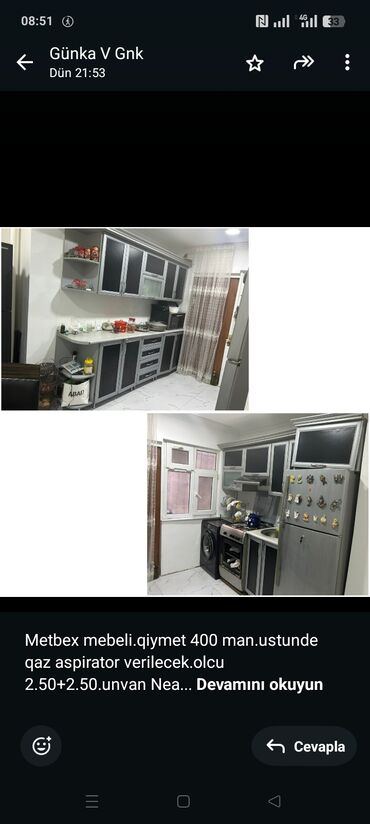 metbex kombayni: Metbex mebeli.qiymet 400 man.ustunde qaz aspirator verilecek.olcu