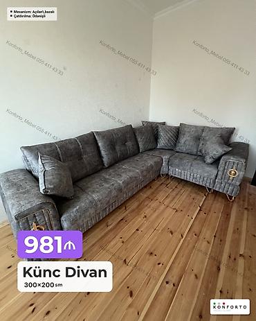 Ev və bağ: Künc divan – 300×200 sm - Rəng: tünd boz, teksturalı parça - — 1