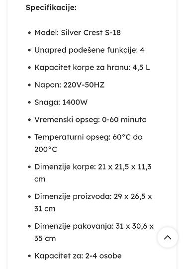 Ostali kuhinjski aparati: Friteza na vruć vazduh (air fryer) Model:SilverCrest S-18.Zapremina — 8