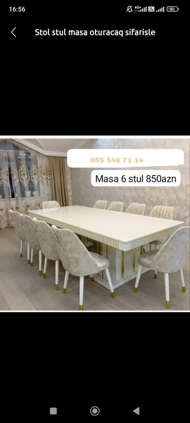 Masa və oturacaq dəstləri: Qonaq otağı üçün, Yeni, Açılmayan, Dördbucaq masa, 6 stul — 24