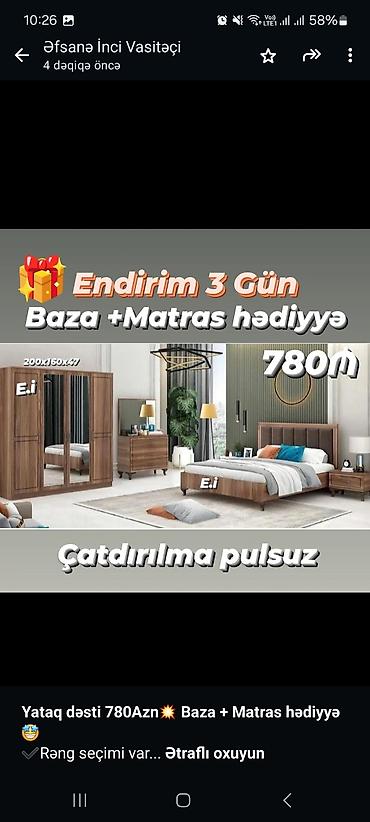 yataq ortuleri: *Yataq dəsti 780Azn 💥Baza + Matras hədiyyə🎁* 💥ENDİRİM 3 GÜN 💥 ✔️Rəng — 3