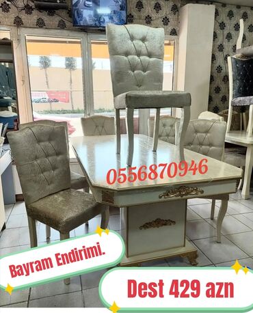 Masa və oturacaq dəstləri: Qonaq otağı üçün, Yeni, Açılmayan, Dördbucaq masa, 6 stul — 4