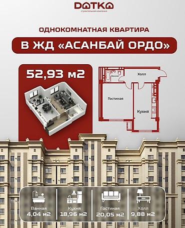 Продажа квартир: 1 комната, 53 м², Асанбай мкр Элитка, 10 этаж, ПСО (под самоотделку) — 2