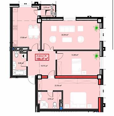3 комнаты, 106 м², Асанбай мкр Элитка, 17 этаж, ПСО (под самоотделку)