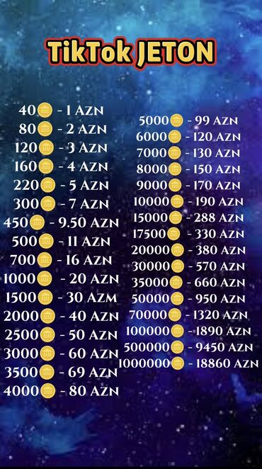 Pastel dəstləri: Məhsul: TikTok Jetonları (Coins) Xidmət haqqında: - TikTok hesabınıza