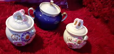 çay servis: Çay dəsti, rəng - Göy, Keramika, 3 nəfərlik