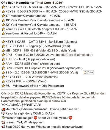 Masaüstü kompüterlər və iş stansiyaları: Ofis üçün Kompüterlər "İntel Core i3 3210” ⭐KEYS1 128GB 2.5 SSD ilə – -da lalafo.az — 3 Masaüstü kompüterlər və iş stansiyaları: Ofis üçün Kompüterlər "İntel Core i3 3210” ⭐KEYS1 128GB 2.5 SSD ilə – — 3