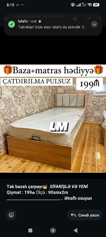 teze mebeller: *Tək bazalı çarpayı*👑 _*SİFARİŞLƏ VƏ YENİ*_ *Qiymət : 199₼* Ölçü  — 1