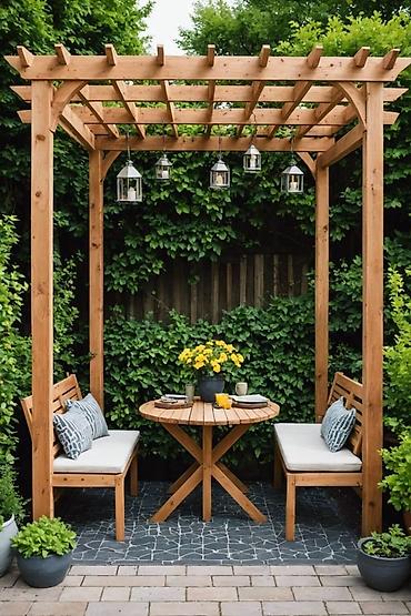 Digər bağ, çöl mebeli: Bağ üçün taxta pergola – dekorativ işıqlandırmalı, teraslı Məhsul — 6