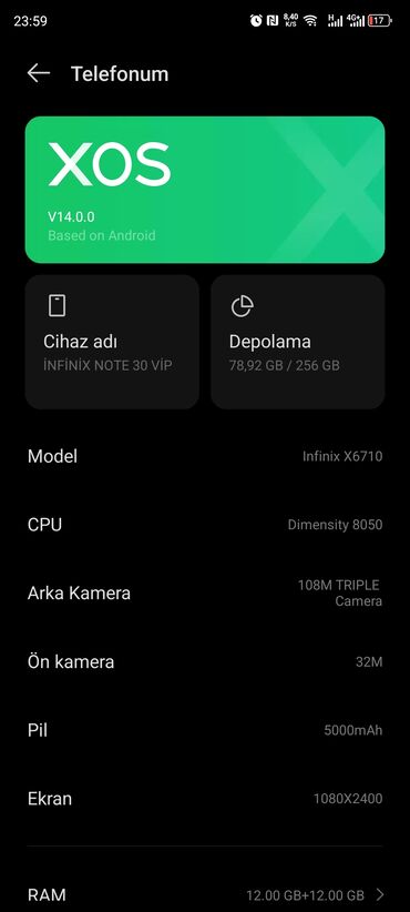 Infinix: Infinix Note 30 VIP, 256 GB, rəng - Mavi, Sensor, Simsiz şarj, Face ID