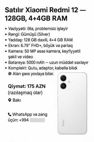 redmi note 8 ekran: Xiaomi 12, 128 GB, rəng - Gümüşü