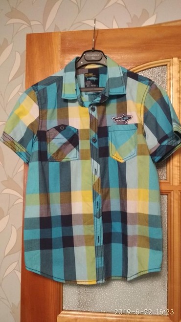 мужской рубашка: Детский топ, рубашка, цвет - Синий, Б/у
