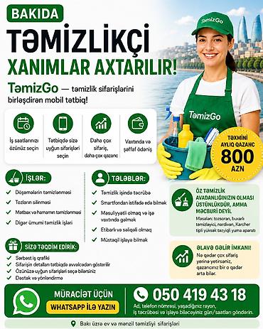 Xadimə tələb olunur, İstənilən yaş, Dəyişən qrafik, Həftəlik ödəniş lalafo.az -da Xadimə tələb olunur, İstənilən yaş, Dəyişən qrafik, Həftəlik ödəniş
