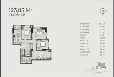 1 комнатная квартира 104: 4 комнаты, 123 м², Элитка, 20 этаж, ПСО (под самоотделку)