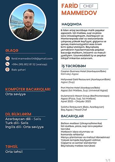 Aşpazlar: Suşi ustası, Kişi, 29 yaş, 5 ildən artıq təcrübə — 1