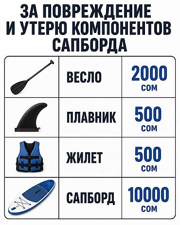 весло: 🏄 Аренда SUP-бордов 🌊 Стоимость: • 800 сом/сутки ✅ В комплект — 5