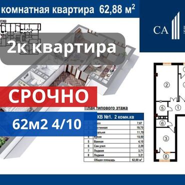 недостроенные дома в бишкеке: 2 комнаты, 62 м², Элитка, 4 этаж, ПСО (под самоотделку)