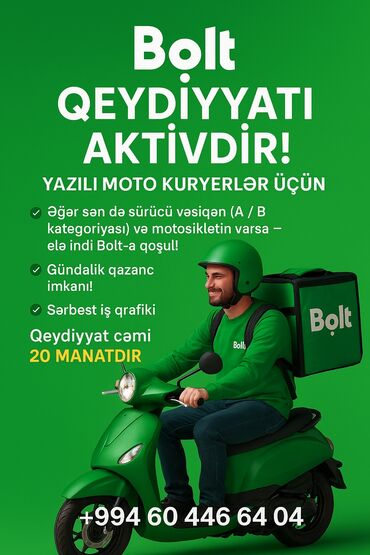 Şirkət sürücüləri: Moto-kuryer tələb olunur, Gündəlik ödəniş, Təcrübəsiz