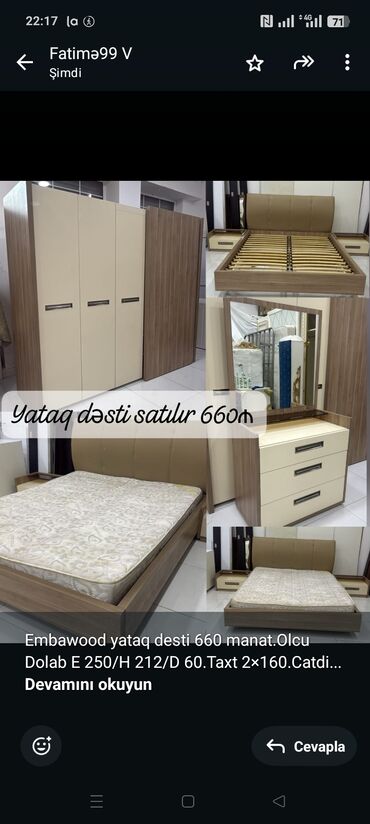 кровать двуспальная: Embawood yataq desti 660 manat.Olcu Dolab E 250/H 212/D 60.Taxt