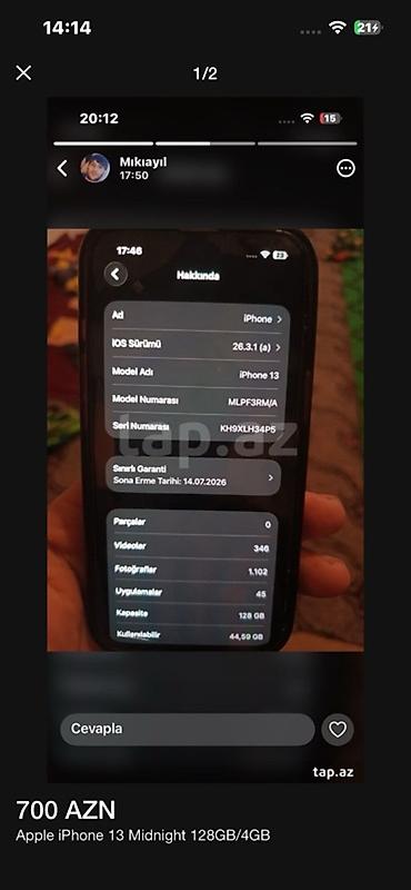 iphone se 2020 satilir: IPhone 13, 128 GB, Midnight, Barmaq izi, Face ID, Zəmanət — 3