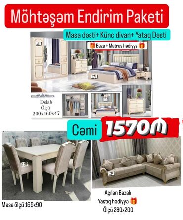 ag qara mebel destleri: *Masa dəsti+ Künc divan+ Yataq Dəsti Cəmi 1570Azn💥* *🤍Möhtəşəm Endirim