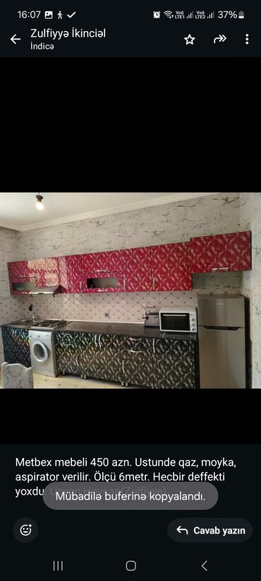 metbex meneli: Metbex mebeli 450 azn. Ustunde qaz, moyka, aspirator verilir. Ölçü