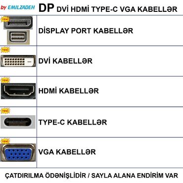 Digər kompüter aksesuarları: HDMİ DVİ VGA Display Port Type-C USB Kabellər 🚚Metrolara və ünvana