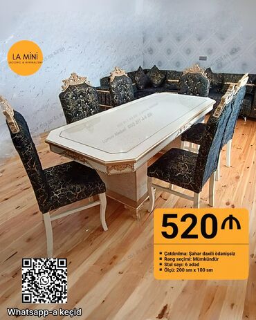 кухонные стулья: Qonaq otağı üçün, Yeni, Açılmayan, Dördbucaq masa, 6 stul