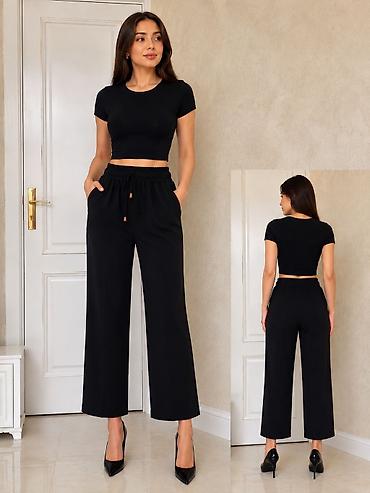 qara kepka: Qadın iki hissəli dəst – qısa qollu crop top + geniş kəsimli şalvar - — 1