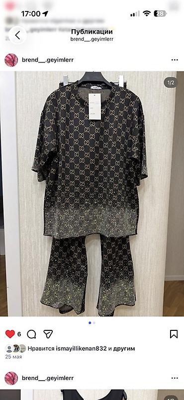 gucci dest: Qadın dəst – köynək və şalvar - Rəng: qara əsas ton, qızılı monoqram — 1