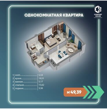 Продажа квартир: 1 комната, 50 м², Элитка, 6 этаж, ПСО (под самоотделку)