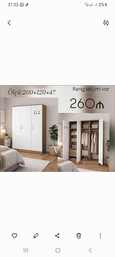 Üç qapılı geyim şkafı - Ölçü: 200 × 120 × 47 sm - Rəng seçimi var -