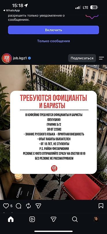 barista: В кофейню требуются официанты и баристы (девушки). - График: 5/2 - — 1