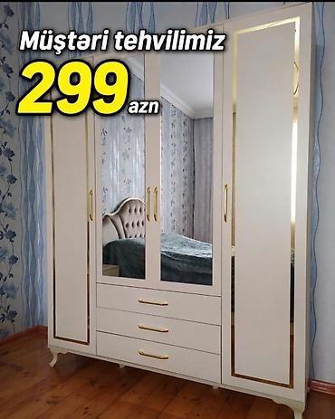 Ev üçün mebel: Ağ rəngli, qızılı detallarla işlənmiş 5 qapılı dəbli paltar şkafı — 1