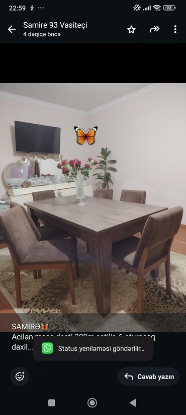 metbex masa ve oturacaqlar: Qonaq otağı üçün, İşlənmiş, Açılan, Dördbucaq masa, 6 stul