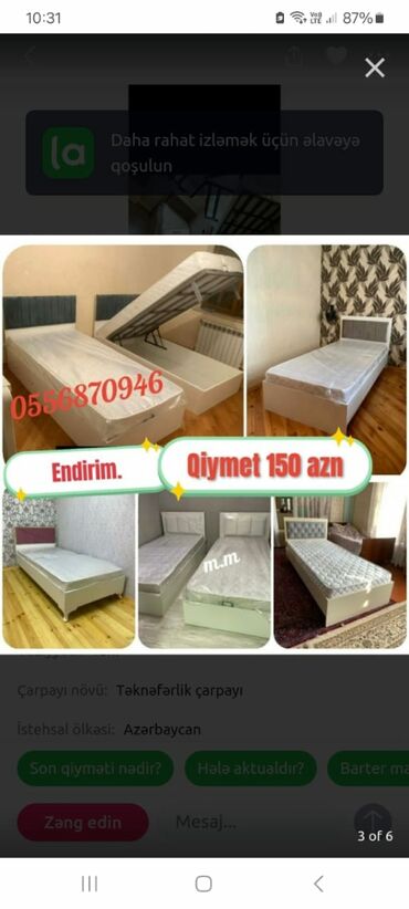 Çarpayılar: Yeni, Təknəfərlik çarpayı, Bazasız, Matras ilə, Siyirməsiz, Azərbaycan — 10