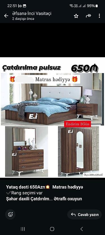 bagca mebel: *Yataq dəsti 650Azn💥 Matras hədiyyə* ✔️Rəng seçimi var *Şəhər daxili — 7