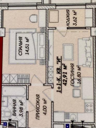 asman residence: 1 комната, 43 м², Азия Молл Элитка, 11 этаж, ПСО (под самоотделку) — 1